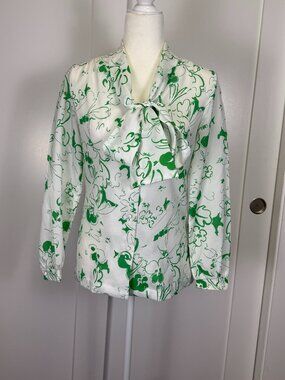 Vintage Brownstone Studio Green and White Bow Neck Blouse Size 6